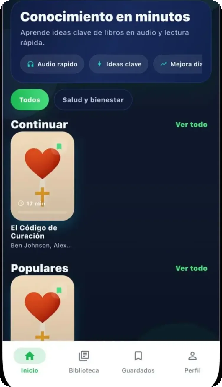 Pantalla de inicio de Zapienz: Conocimiento en minutos, filtros por categoría y la sección Continuar con El Código de Curación, 17 min