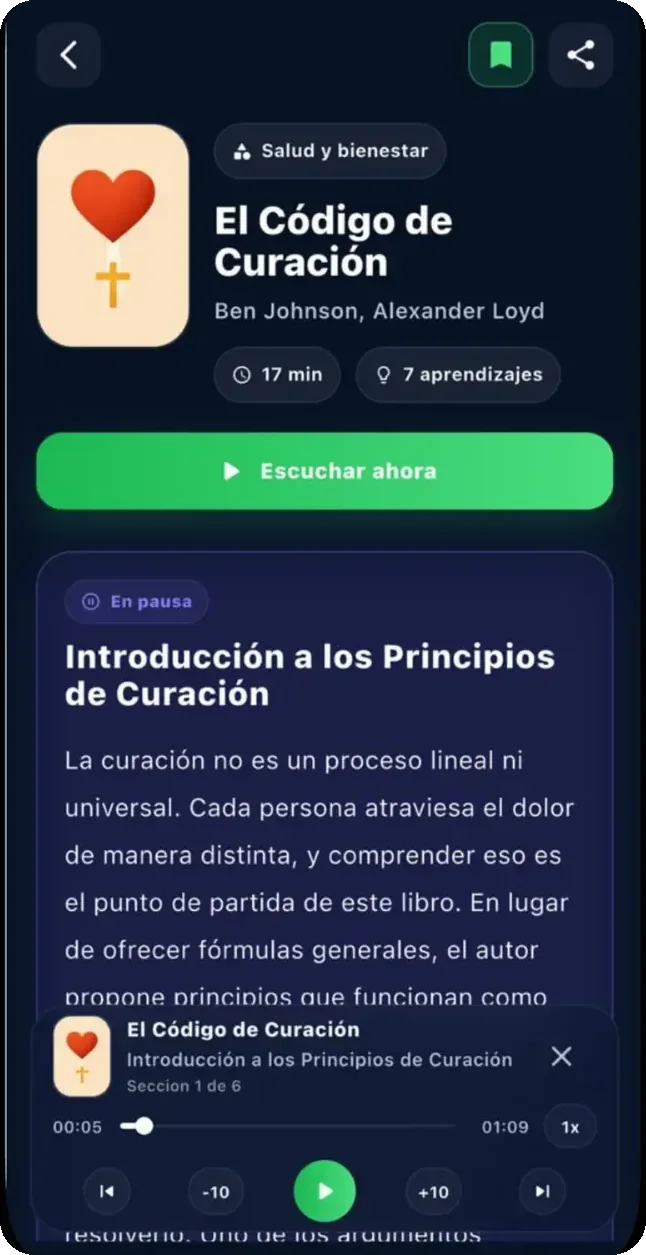 Ficha de un Zap: El Código de Curación, Salud y bienestar, 17 min, 7 aprendizajes y el botón Escuchar ahora